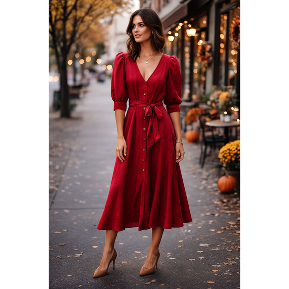 Fame & Partners Red Linen Blend Tie Waist Midi Dress Button Down Size 2 - Picture 1 of 9
